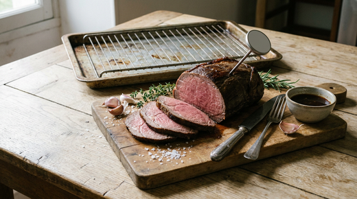 Rosbif cuit à basse température tranché sur une planche, chair uniformément rosée d'un bord à l'autre sans bande grise, croûte brune fine, thermomètre à sonde planté dedans, fleur de sel, jus dans un bol, table de bois