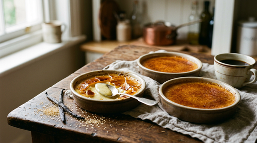 Trois crèmes brûlées en ramequins de grès, croûte de caramel ambrée et brillante, celle du premier plan cassée à la cuillère montrant la crème vanillée onctueuse, gousse de vanille et sucre roux