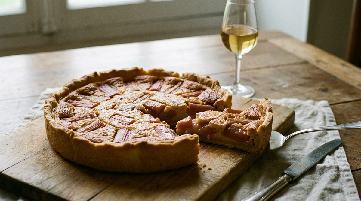 Tarte à la rhubarbe rustique, rhubarbe fondante dans une crème dorée, une part coupée, planche de bois, verre de vin moelleux