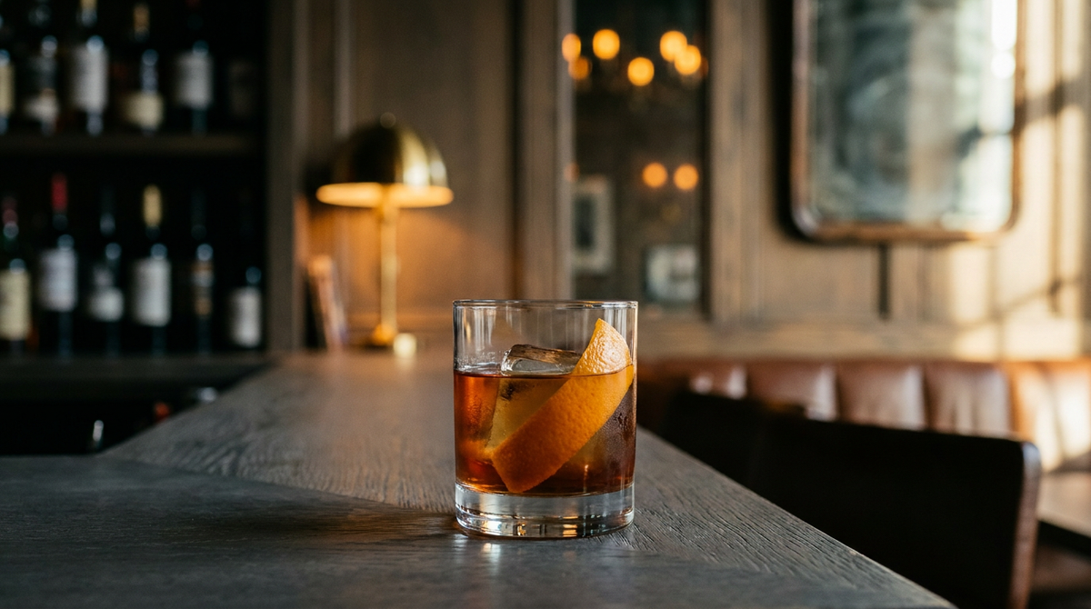 Old fashioned à l'érable dans un verre épais, gros glaçon et zeste d'orange, comptoir de chêne cérusé gris