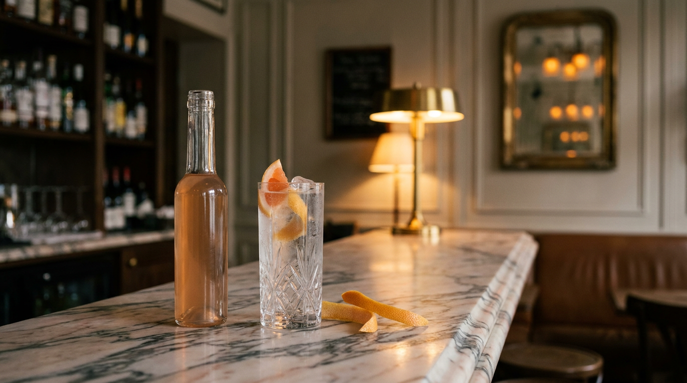 Cordial de pamplemousse rose ambré en bouteille et verre allongé à l'eau gazeuse, écorces de pamplemousse, comptoir de marbre Fior di Pesco