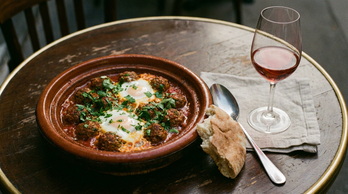 Tajine de kefta aux œufs, boulettes de viande épicées dans une sauce tomate au cumin, deux œufs cuits dessus, coriandre et persil, pain marocain, verre de vin rouge