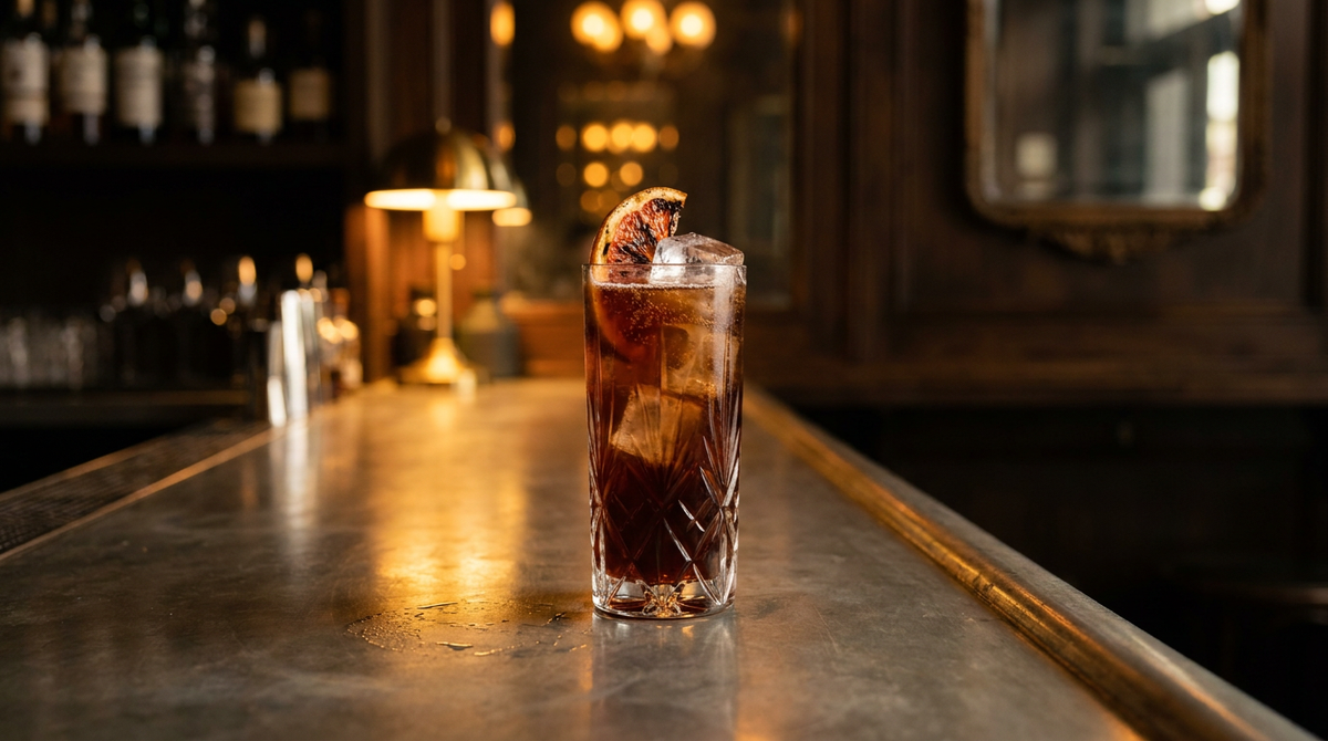 Paloma negra brun rubis foncé en verre highball, demi-tranche de pamplemousse grillé, sur un comptoir de zinc patiné d'un bar sombre et chaud