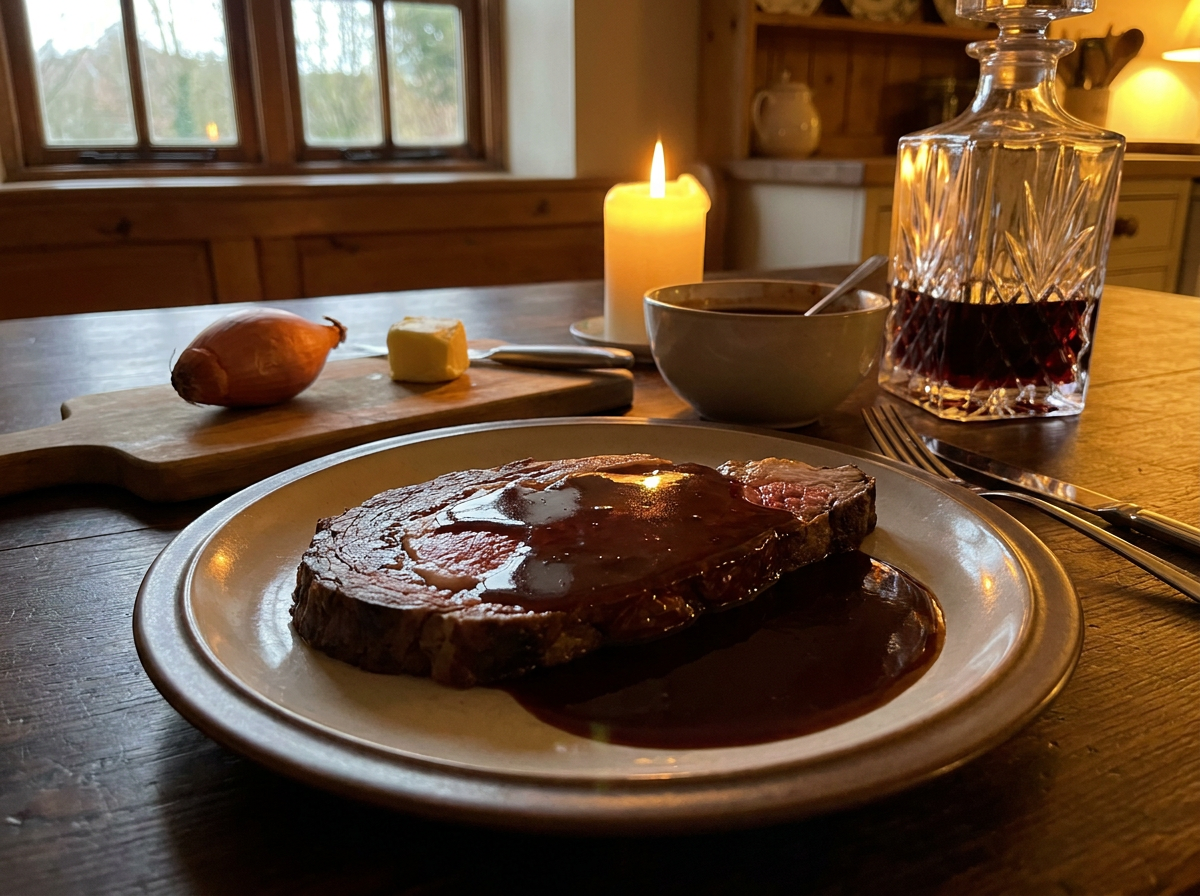 Sauce au porto réduite et brillante nappant une tranche de rôti de bœuf, carafe en cristal et bougie sur une table en bois sombre