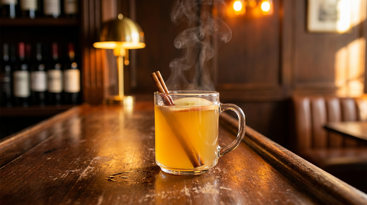 Cocktail chaud à la pomme et à la cannelle dans une tasse en verre, bâton de cannelle, comptoir de caviste