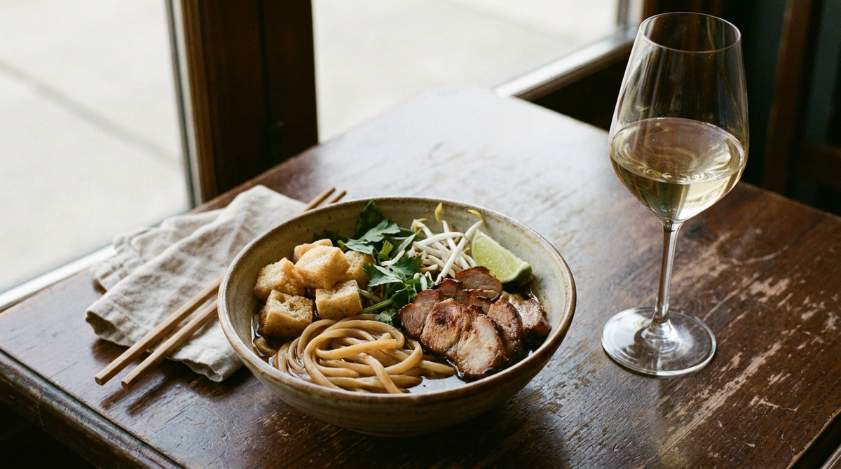 Bol de cao lau de Hoi An, nouilles de riz épaisses et fermes avec très peu de bouillon, tranches de porc laqué, croûtons de nouilles frits, germes de soja, herbes fraîches, citron vert, baguettes, verre de vin blanc