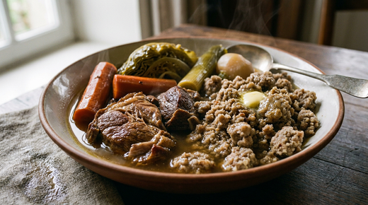 Kig ha farz breton, viandes et légumes dans leur bouillon doré, farz de sarrasin émietté et beurre fondant