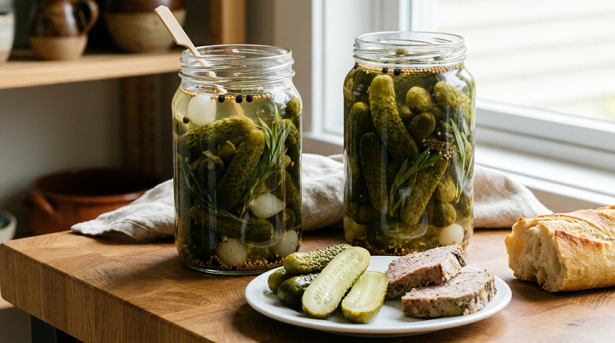 Deux bocaux de cornichons maison serrés debout avec estragon, petits oignons blancs, poivre et graines de moutarde dans un vinaigre clair, cornichons coupés et tranches de pâté de campagne sur une assiette, plan de travail en chêne