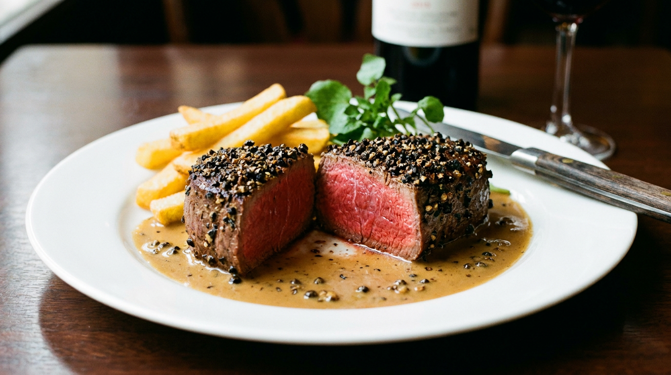 Steak au poivre tranché, croûte de gros poivre concassé, cœur saignant, sauce crémée et frites