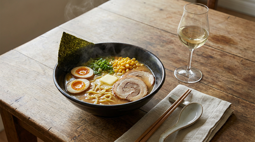 Bol de ramen miso, œuf mariné, chashu, maïs, nori, verre de vin blanc