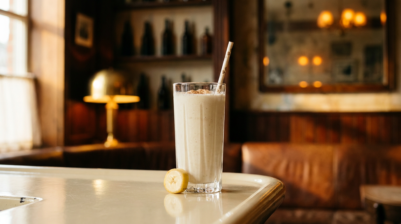 Milkshake à la banane dans un grand verre cannelé, voile de muscade, comptoir émaillé crème