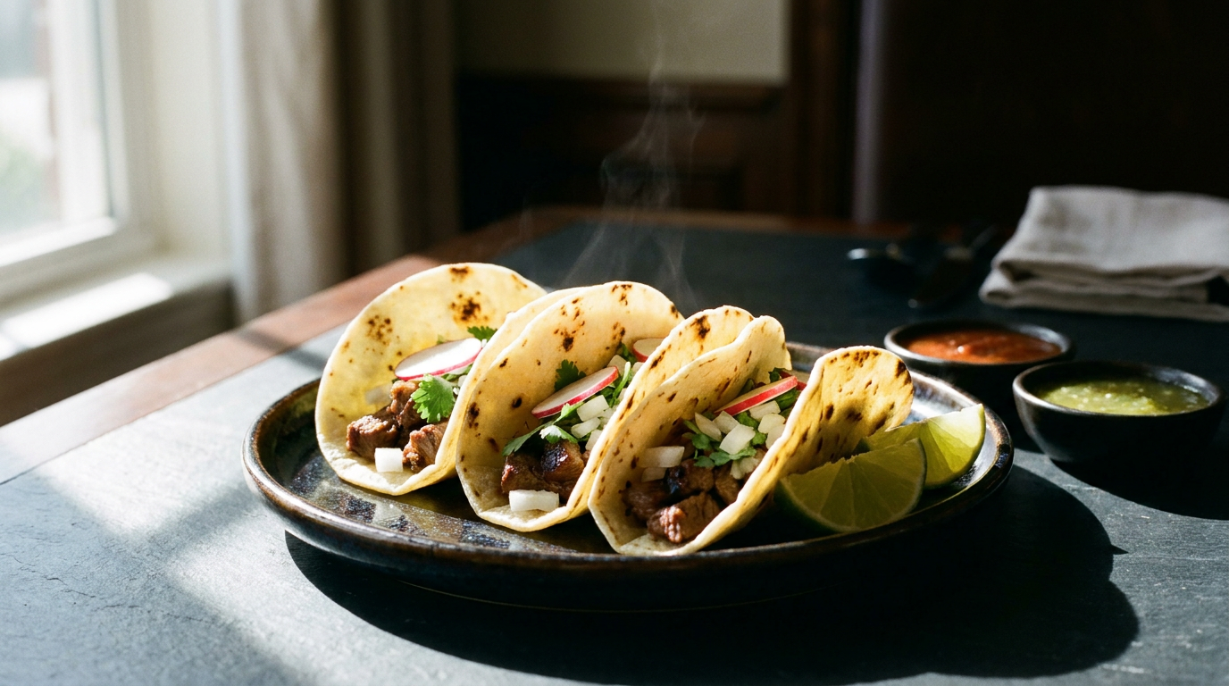 Tacos mexicains : petites tortillas de maïs souples pliées en deux, viande grillée, oignon et coriandre, radis, citron vert et deux salsas