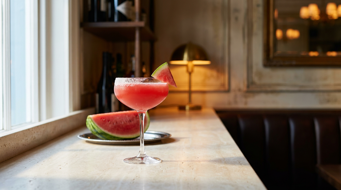 Margarita à la pastèque servie en coupe, bord salé, sur un comptoir de pierre claire