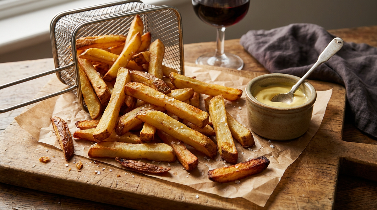 Frites maison dorées à l'air fryer sur une planche, avec une sauce moutarde