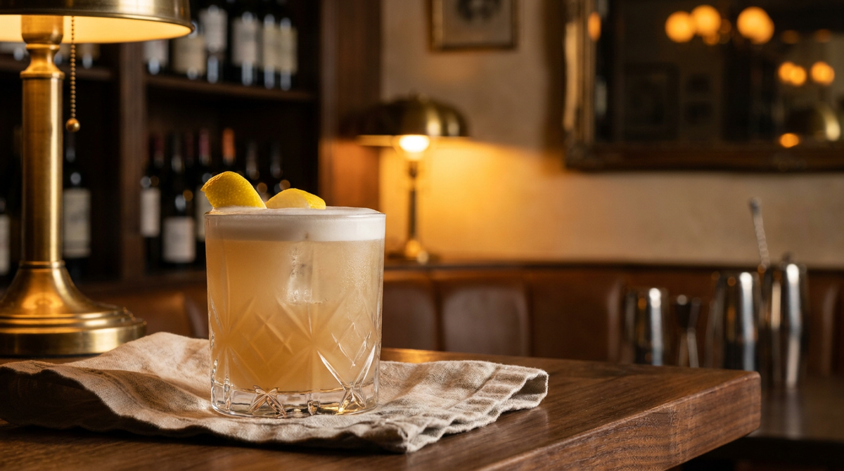 Amaretto Sour sans alcool ambré clair coiffé d'une fine mousse blanche, zeste de citron, table en noyer et serviette de lin