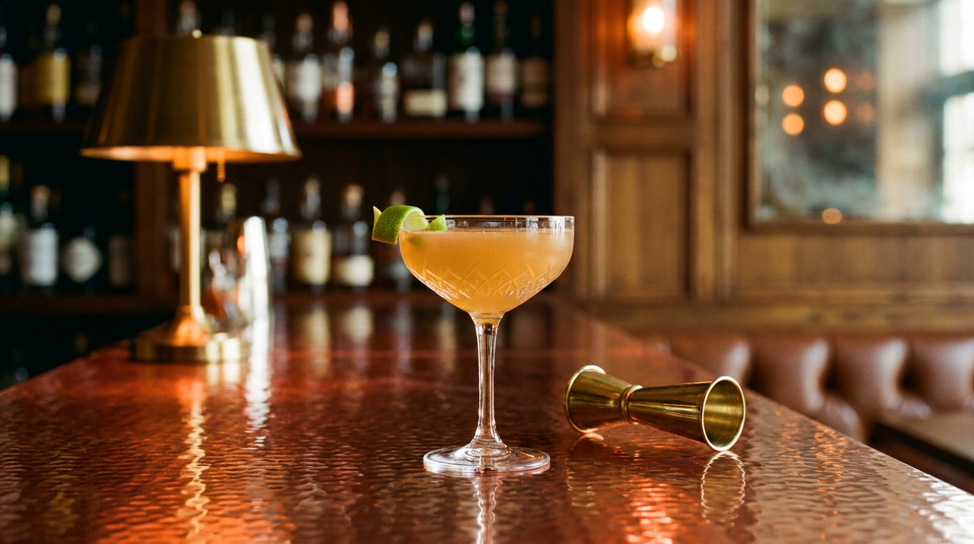 Royal Bermuda Yacht Club en coupe de cristal sur un comptoir de cuivre martelé, robe ambre doré, zeste de citron vert, salle de bar chaleureuse en arrière-plan