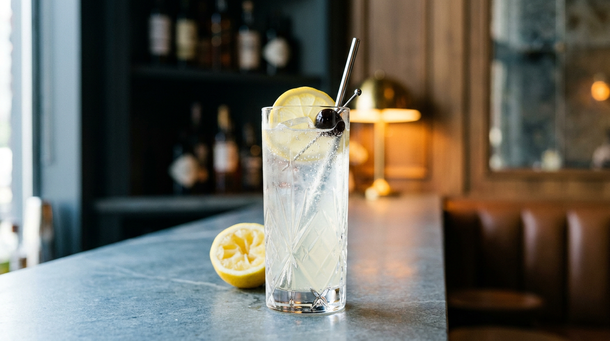 Virgin Tom Collins en verre étroit, citron et cerise, sur un comptoir de pierre bleue