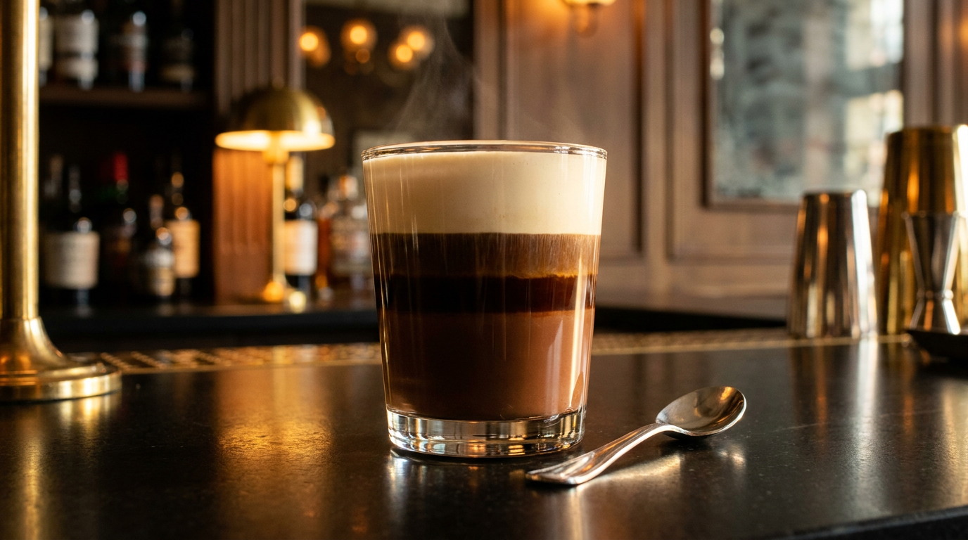 Bicerin à trois couches dans un petit verre, chocolat, espresso et crème, comptoir de pierre de lave noire