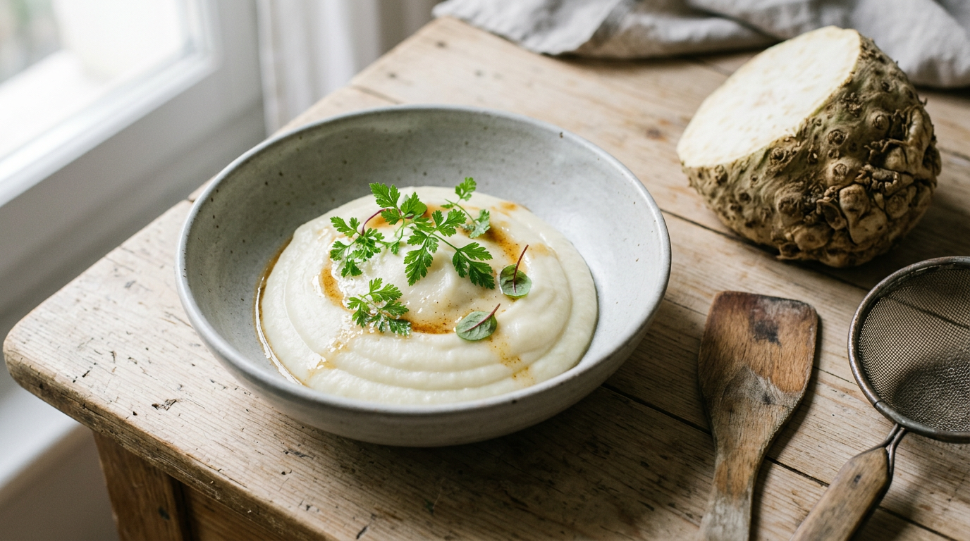 Purée de céleri-rave blanche et satinée dans un bol en grès gris, filet de beurre noisette et cerfeuil, demi céleri-rave brut, spatule en bois et tamis fin
