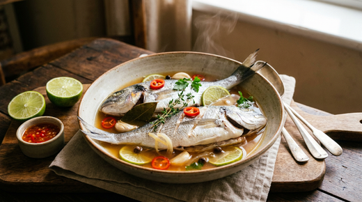 Blaff de poisson, deux daurades entières dans un bouillon ambré clair, citron vert et piment