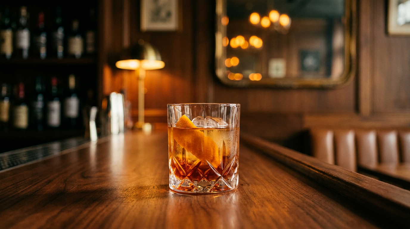 Old Fashioned ambré dans un verre épais taillé, un seul gros glaçon et zeste d'orange, comptoir de bois de rose