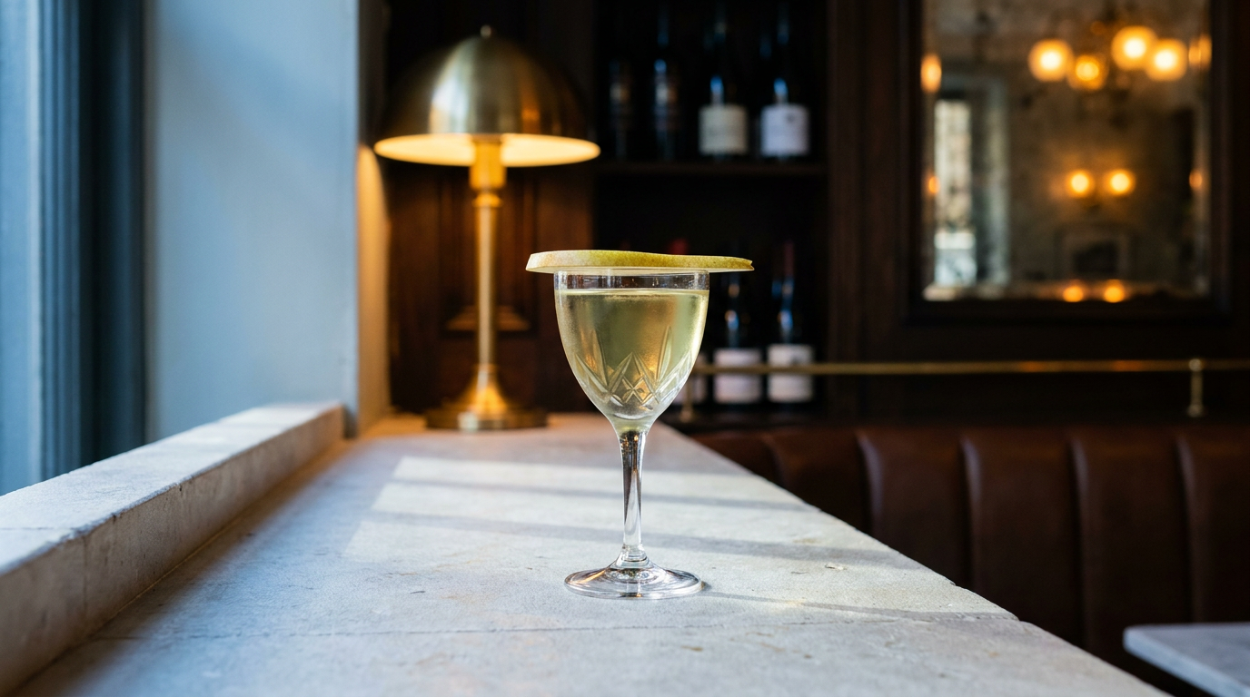 La Perla dans un verre à pied, lamelle de poire sur le bord, sur un appui de pierre claire