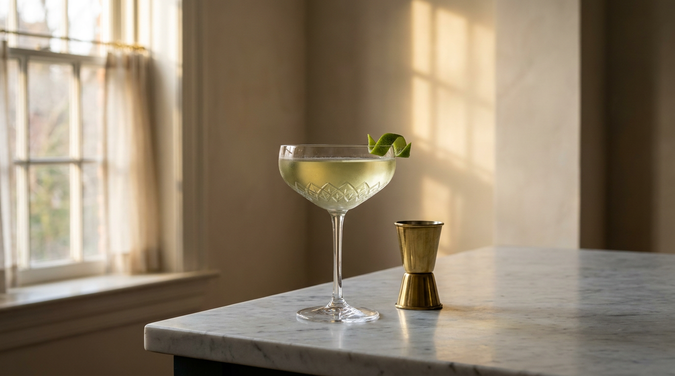 Última Palabra en coupe de cristal sur un comptoir de marbre près d'une fenêtre à petits carreaux, robe vert pâle, zeste de citron vert