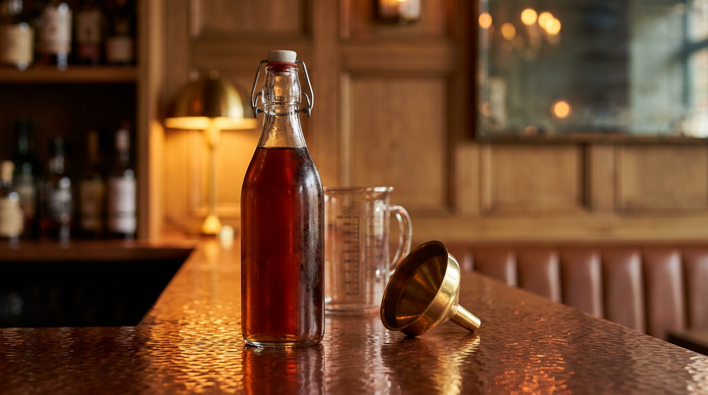 Bouteille à bouchon mécanique remplie d'un cocktail ambré, entonnoir de laiton et verre doseur sur un comptoir de cuivre