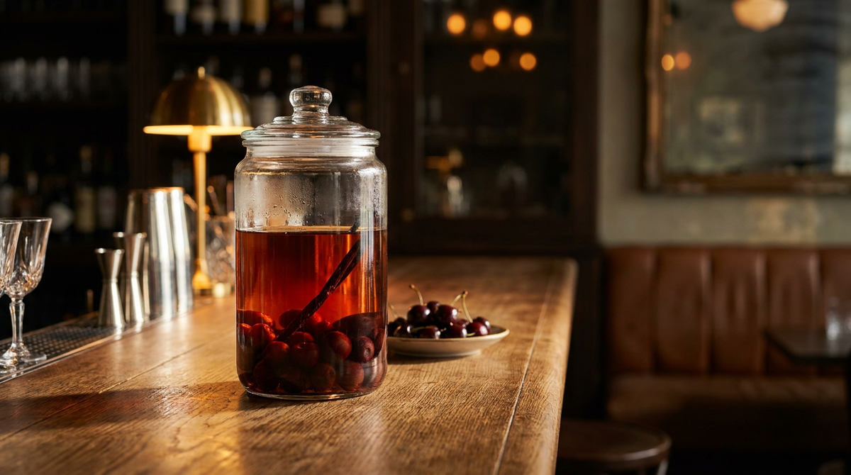 Bocal de rhum arrangé à la cerise en macération sur un comptoir de chêne