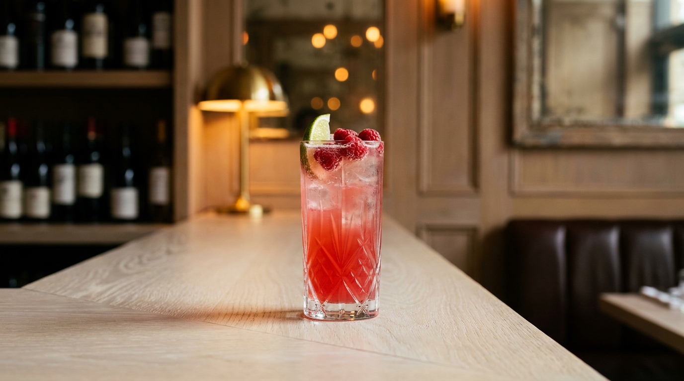 Floradora rose framboise dans un verre haut, framboises fraîches et quartier de citron vert, comptoir de chêne cérusé