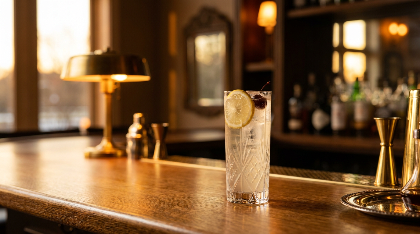Jack Collins clair et pétillant dans un verre étroit avec de longs glaçons, rondelle de citron et cerise, comptoir de chêne brossé