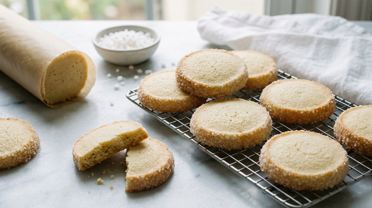 Sablés diamant ronds au pourtour incrusté de gros sucre, mie sableuse et pâle, un boudin de pâte partiellement tranché à côté