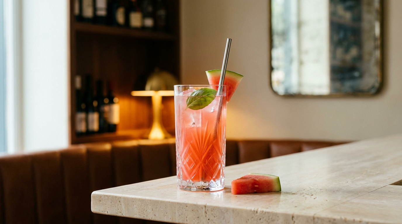 Mocktail pastèque-basilic sur glace, feuille de basilic et quartier de pastèque, sur un comptoir de travertin