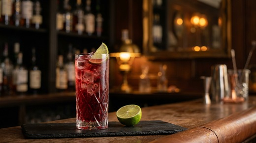 Grand verre rempli de glace et d'une boisson rouge rubis translucide à la cranberry, quartier de citron vert sur le bord et demi-citron posé, sur une ardoise noire dans un bar chic