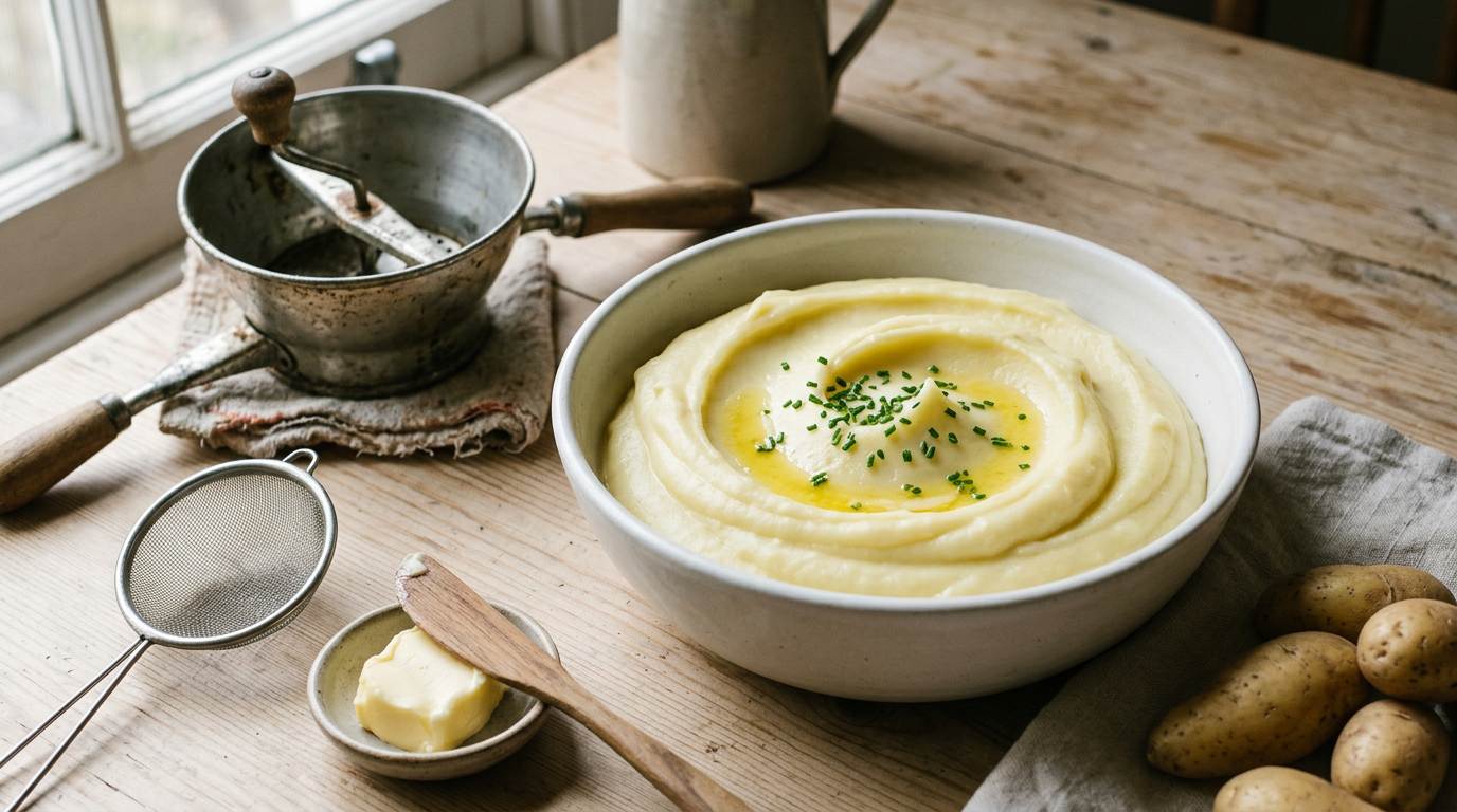 Purée de pommes de terre très lisse et satinée dans un bol en porcelaine blanche avec du beurre fondu et de la ciboulette, moulin à légumes ancien, tamis fin et pommes de terre rattes