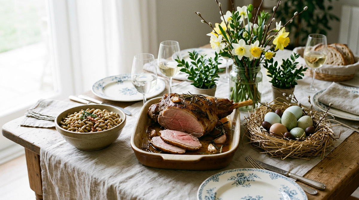 Gigot d'agneau rôti tranché et flageolets sur une table de Pâques dressée : jonquilles et narcisses, brins de buis, nid de paille avec des œufs peints, lumière claire de matin de printemps