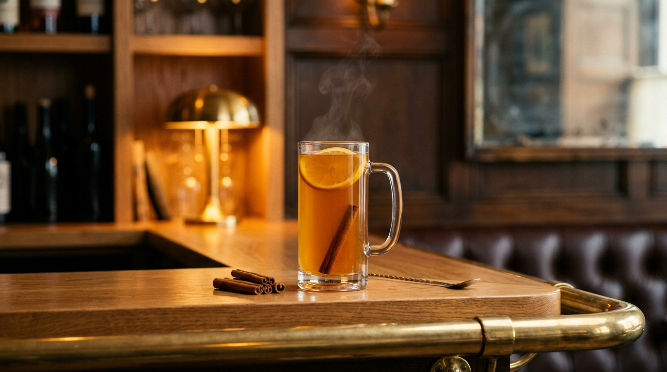 Grand mug en verre de bière chaude épicée ambrée et fumante, rondelle d'orange et bâton de cannelle, sur un comptoir de chêne à barre de laiton