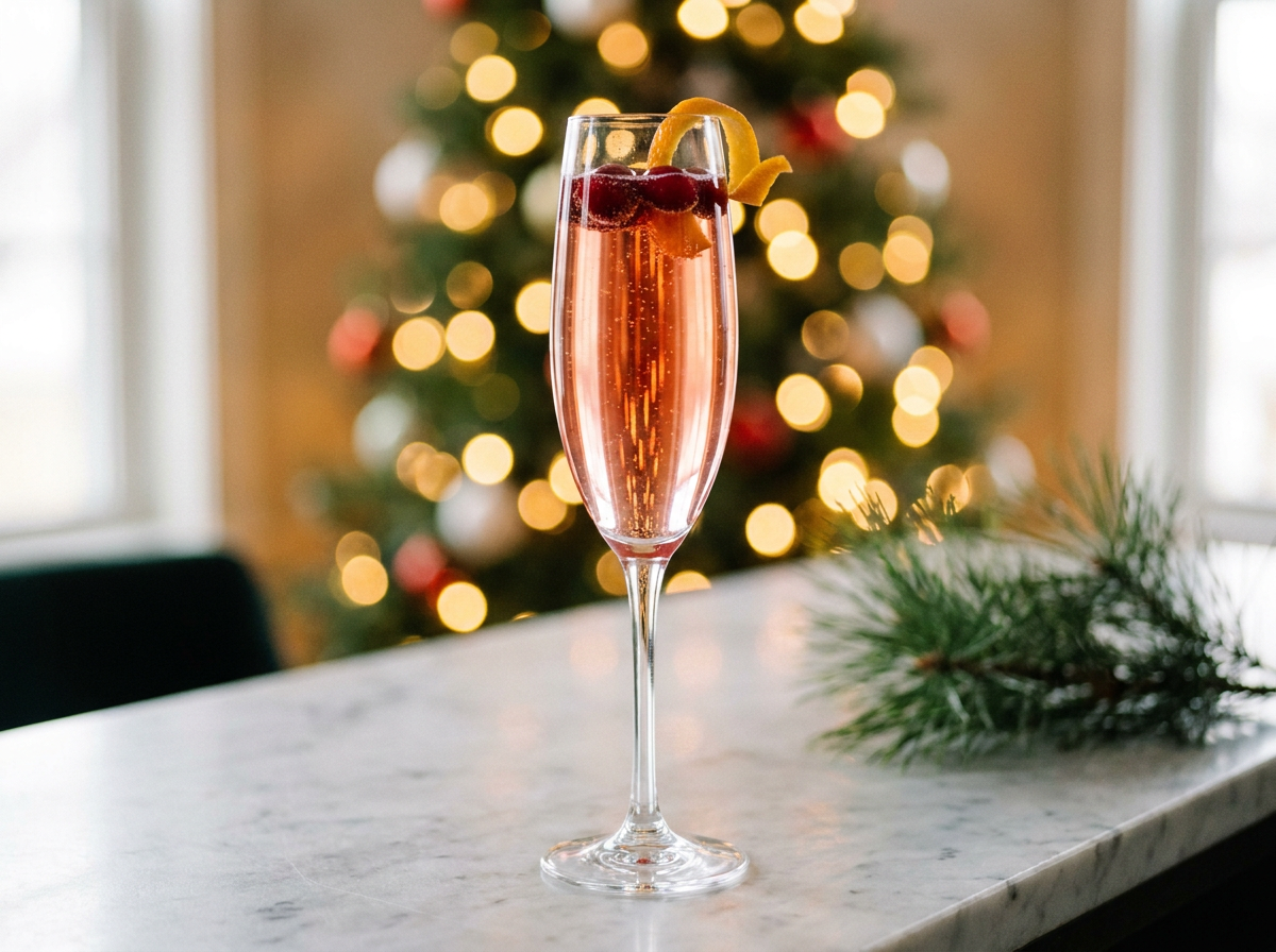 Cocktail Poinsettia rouge rubis dans une flûte, ambiance de Noël