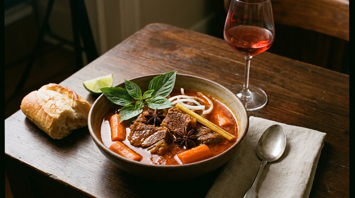 Bol de bo kho, ragoût de bœuf vietnamien à la citronnelle et à l'anis étoilé, carottes, basilic thaï et oignon, morceau de baguette, citron vert, verre de vin rouge
