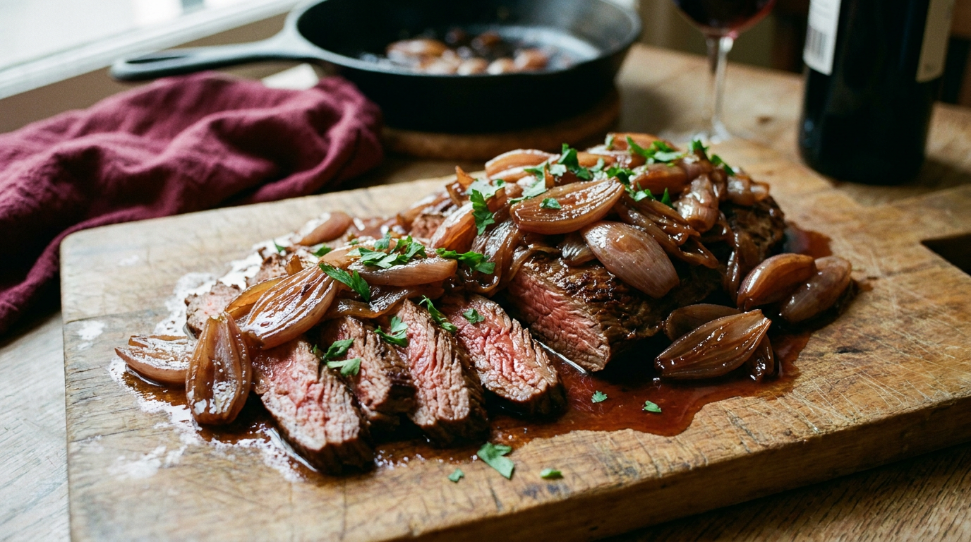 Bavette de bœuf plate tranchée en biais en larges lames saignantes, généreuse garniture d'échalotes confites acajou et jus au vin rouge