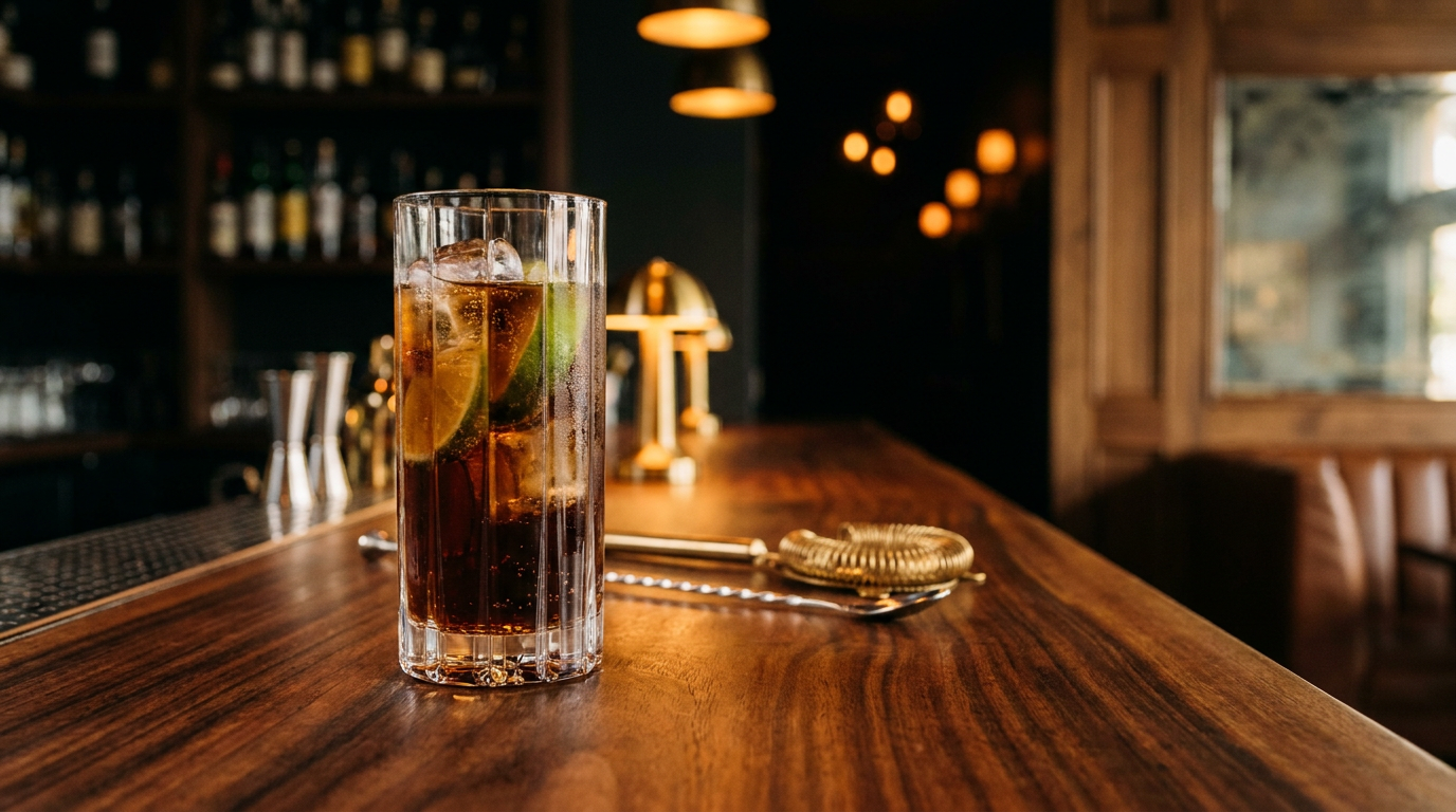 Oaxaca Libre sombre et pétillant dans un grand verre, quartiers de citron vert, comptoir de bois de mesquite