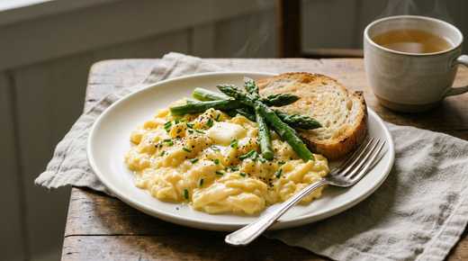 Œufs brouillés crémeux aux pointes d'asperges vertes, ciboulette et noix de beurre sur une assiette blanche, tranche de pain de campagne grillé, fourchette à plat, tasse de thé fumant sur une table en bois et une serviette en lin