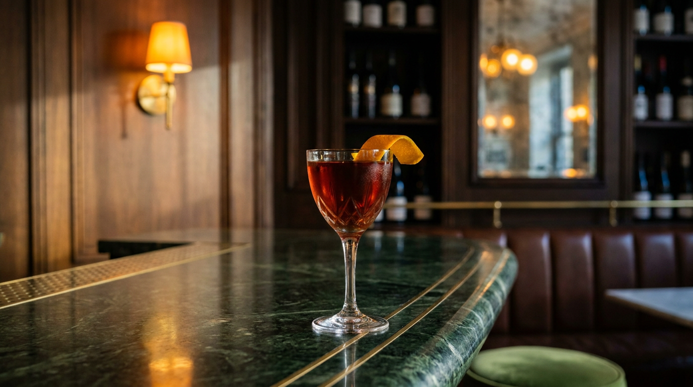 Betsy Ross rouge rubis en verre à pied avec zeste d'orange, comptoir de marbre vert d'un bar d'hôtel