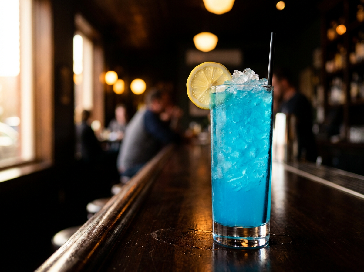 Blue Long Island (AMF), cocktail bleu électrique servi sur glace dans un grand verre avec une rondelle de citron