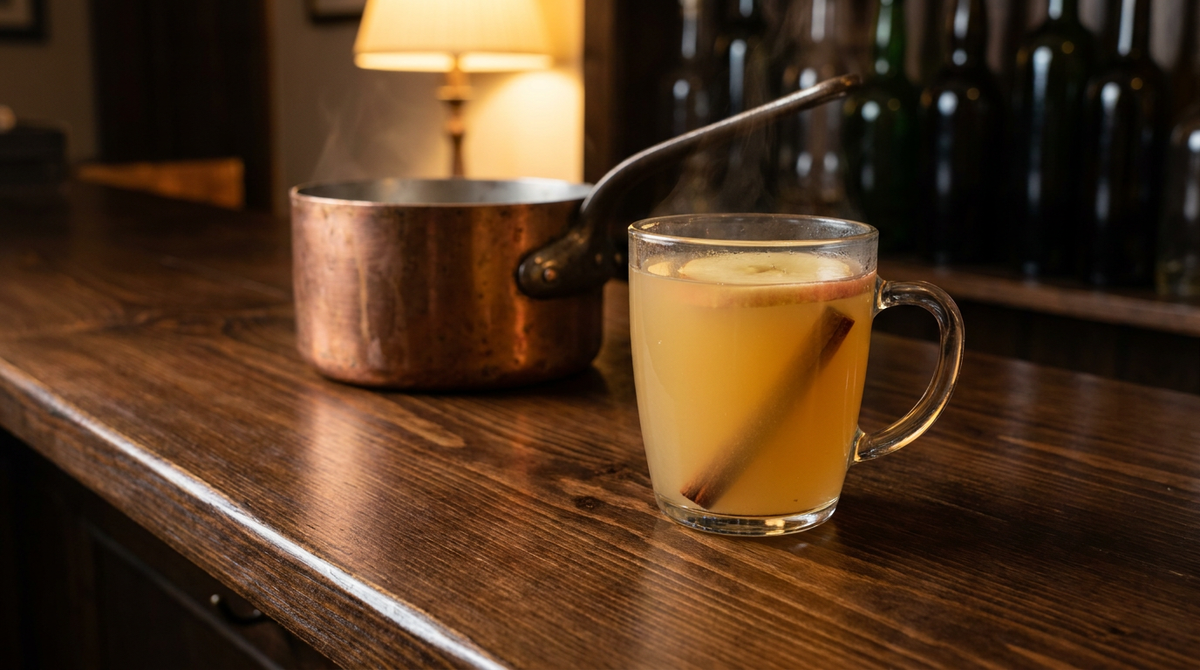 Tasse en verre remplie d'un liquide doré trouble et fumant, bâton de cannelle et lamelle de pomme dedans, casserole en cuivre derrière, comptoir de bois ciré sombre
