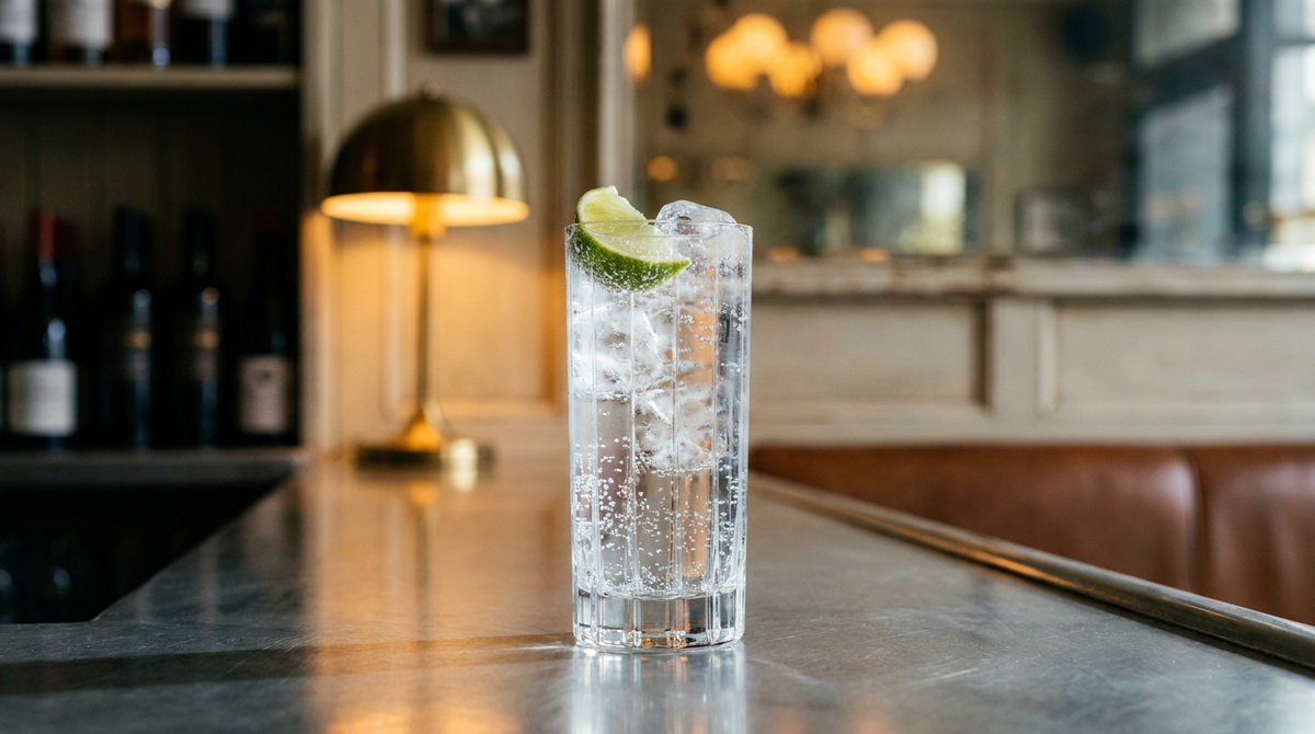 Vodka tonic cristallin et pétillant en verre highball, glaçons transparents et quartier de citron vert, sur un comptoir d'inox brossé d'un bar chic
