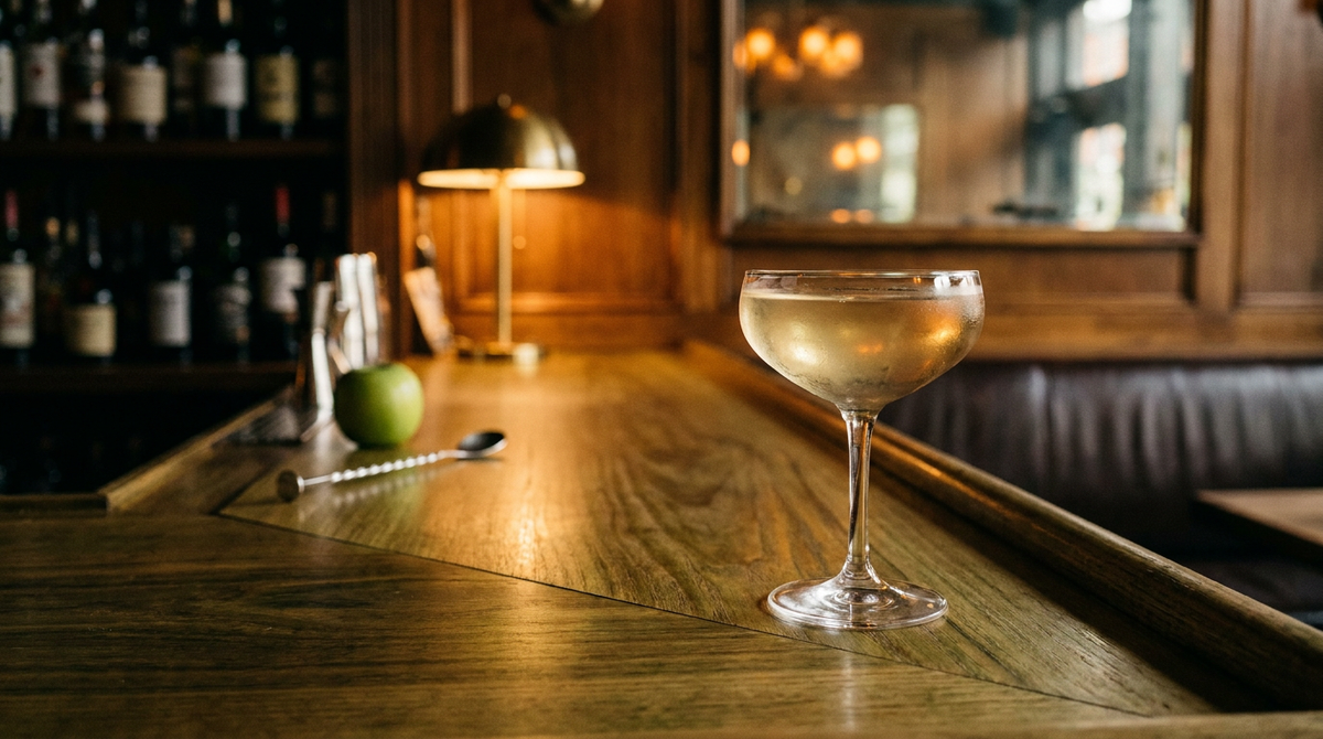 Liberty Cocktail doré pâle et limpide dans une coupe, sans garniture, comptoir de robinier massif