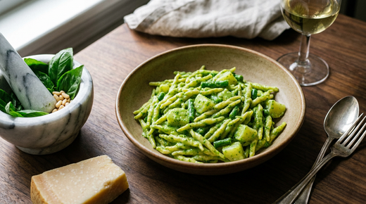 Bol en céramique de trofie liguriennes torsadées enrobées d'un pesto vert vif, haricots verts courts et dés de pomme de terre mêlés, mortier en marbre avec basilic et pignons, morceau de parmesan, verre de vin blanc