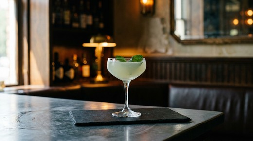 Southside sans alcool vert pâle dans une coupe sans glace, deux feuilles de menthe en surface, plaque d'ardoise noire