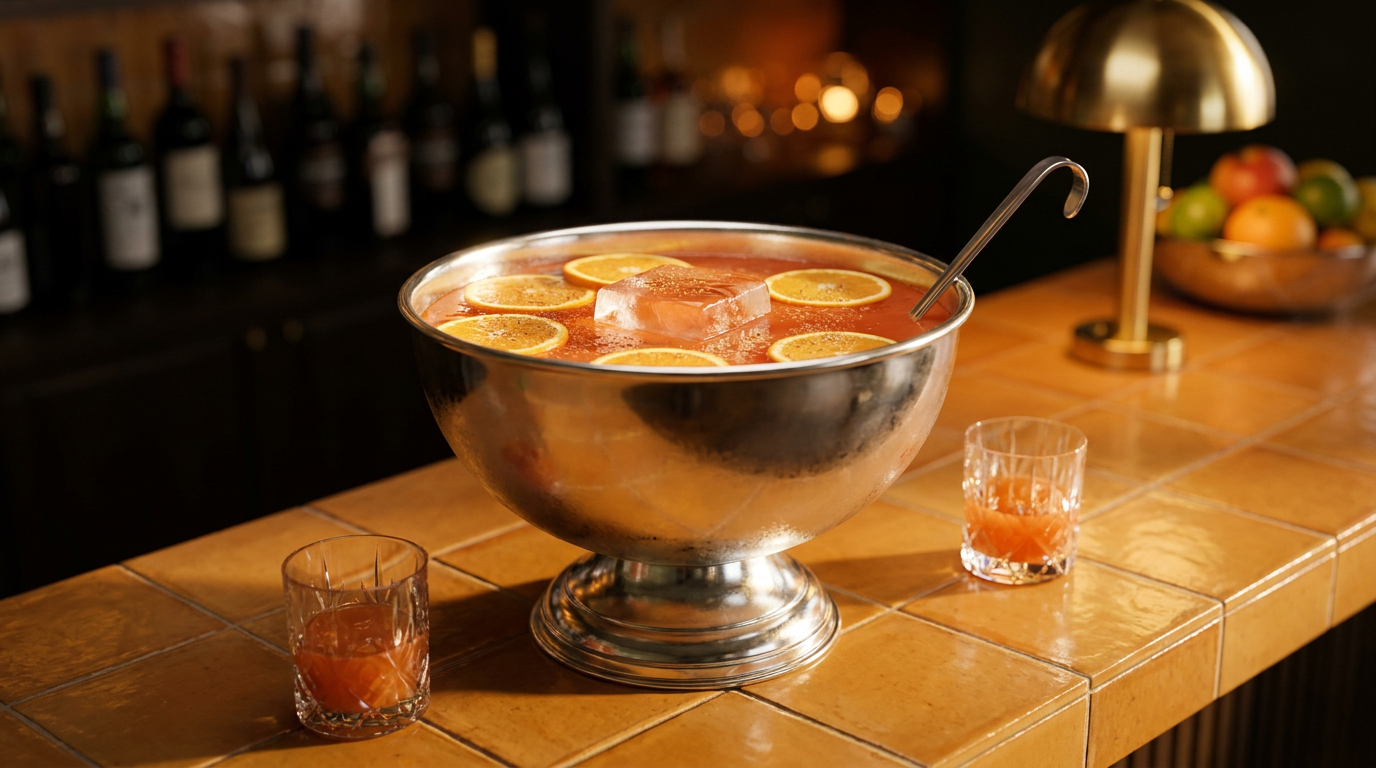 Grand bol à punch en argent rempli de punch planteur orangé pour 20 personnes, rondelles d'orange, muscade râpée et bloc de glace